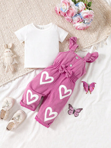 Camiseta De Color Sólido Para Niña Y Overol De Mezclilla Con Estampado De Corazón