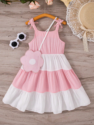 Vestido de verano fresco y lindo con bloques de color para niñas pequeñas con tirantes