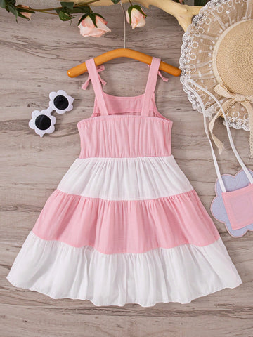 Vestido de verano fresco y lindo con bloques de color para niñas pequeñas con tirantes