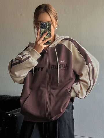 Sudadera con capucha casual de mujer con impresión de letras y cordón en primavera y otoño con bloqueo de color