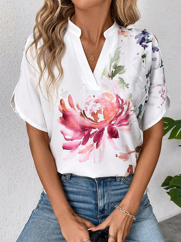 Blusa Sólida Con Hombro Al Aire Y Manga Partida, Camisa Blanca