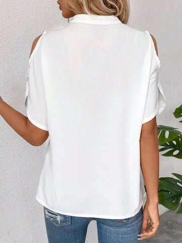 Blusa Sólida Con Hombro Al Aire Y Manga Partida, Camisa Blanca