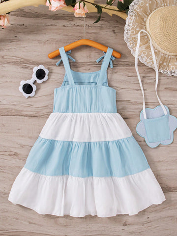 Vestido de verano fresco y lindo con bloques de color para niñas pequeñas con tirantes