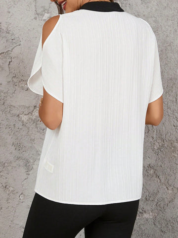 Blusa Sólida Con Hombro Al Aire Y Manga Partida, Camisa Blanca