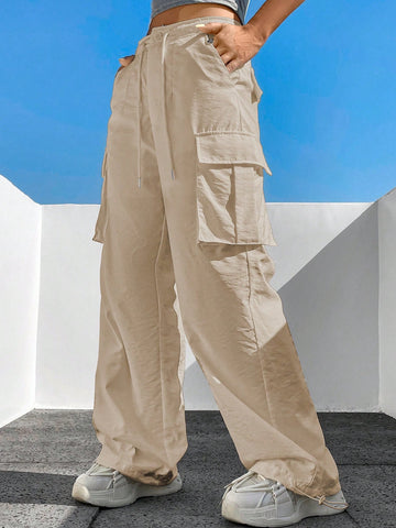 Pantalones cargo para mujer de bolsillos simples con cordón y unicolor