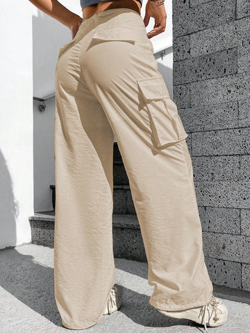 Pantalones cargo para mujer de bolsillos simples con cordón y unicolor