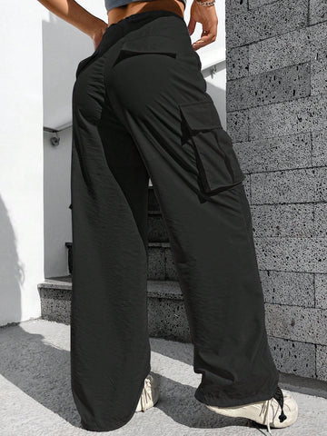 Pantalones cargo para mujer de bolsillos simples con cordón y unicolor