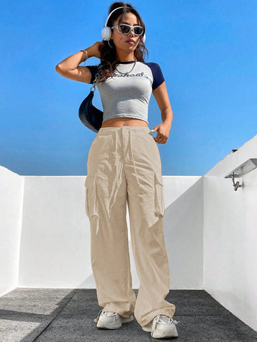 Pantalones cargo para mujer de bolsillos simples con cordón y unicolor