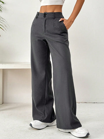 Pantalones casuales de pierna ancha con botones delanteros y bolsillo de unicolor