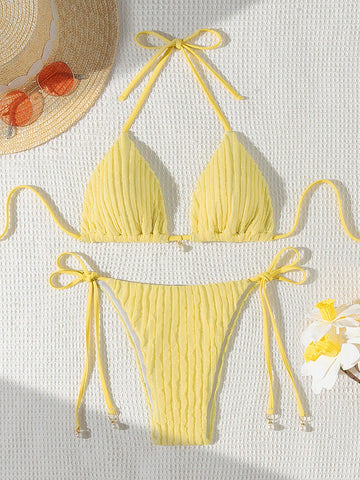 onjunto de bikini Halter de triángulo y lazos laterales para la playa de verano