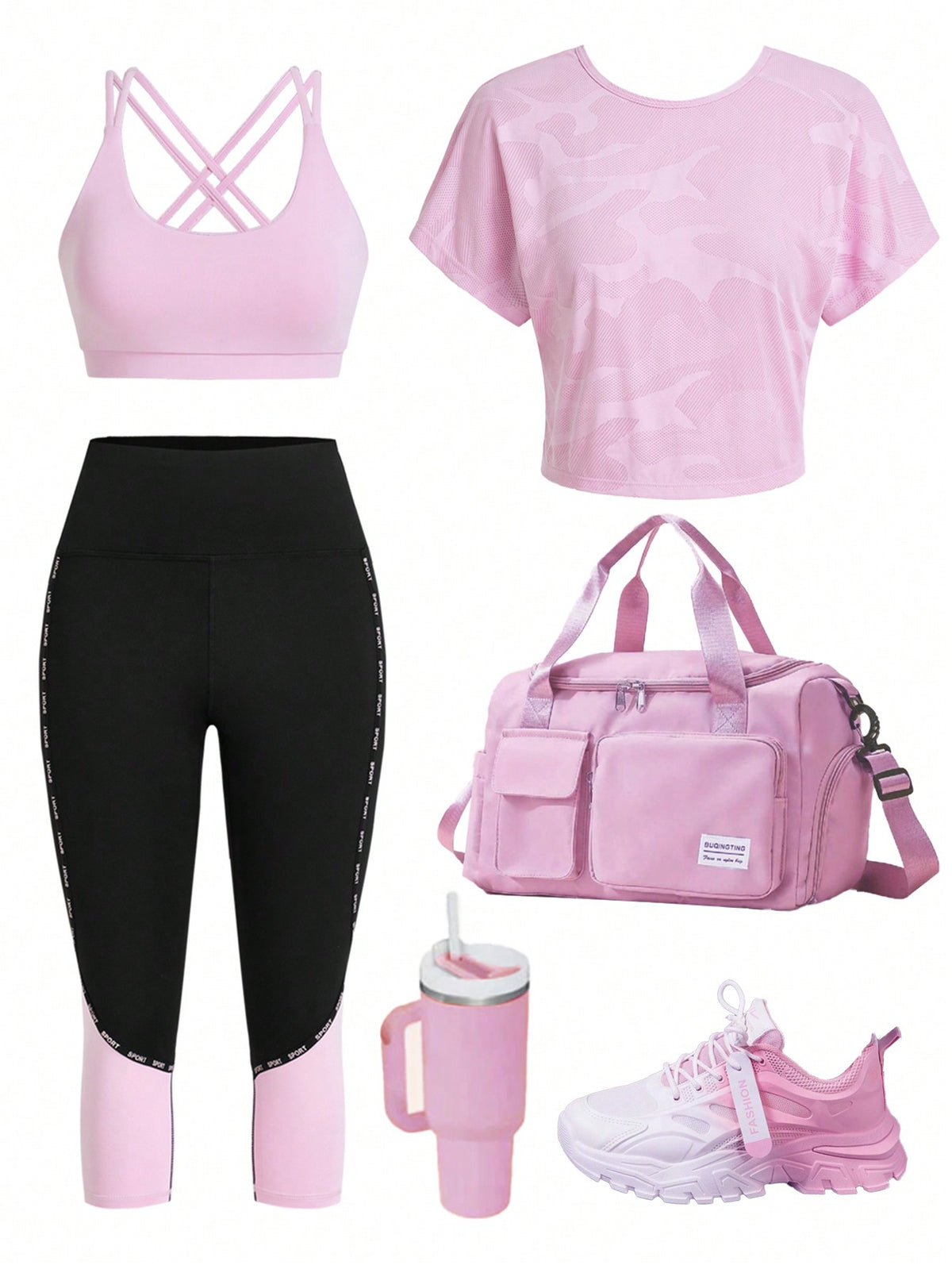 Conjunto deportivo de dos piezas de unicolor que incluye camiseta sin mangas, camiseta de manga corta y mallas