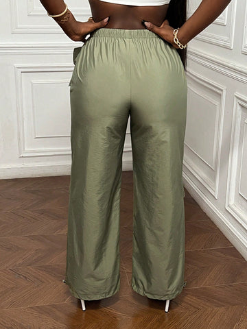 Pantalones De Carga De Talle Alto Y Ajuste Holgado Con Cordón Y Bolsillos Para Mujeres