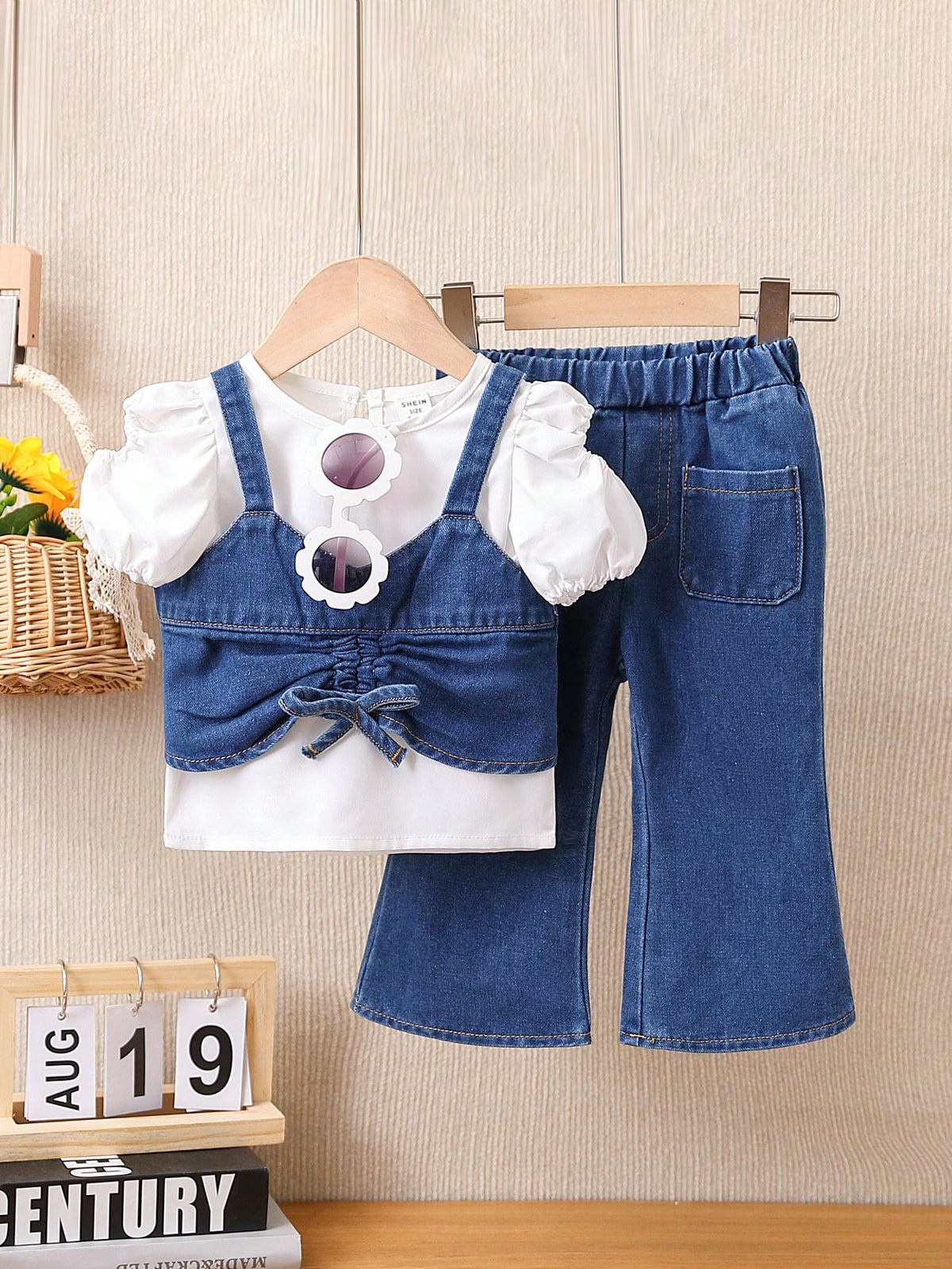 Conjunto de 3 piezas para bebé niña: peto de mezclilla, pantalones vaqueros y camisa casual