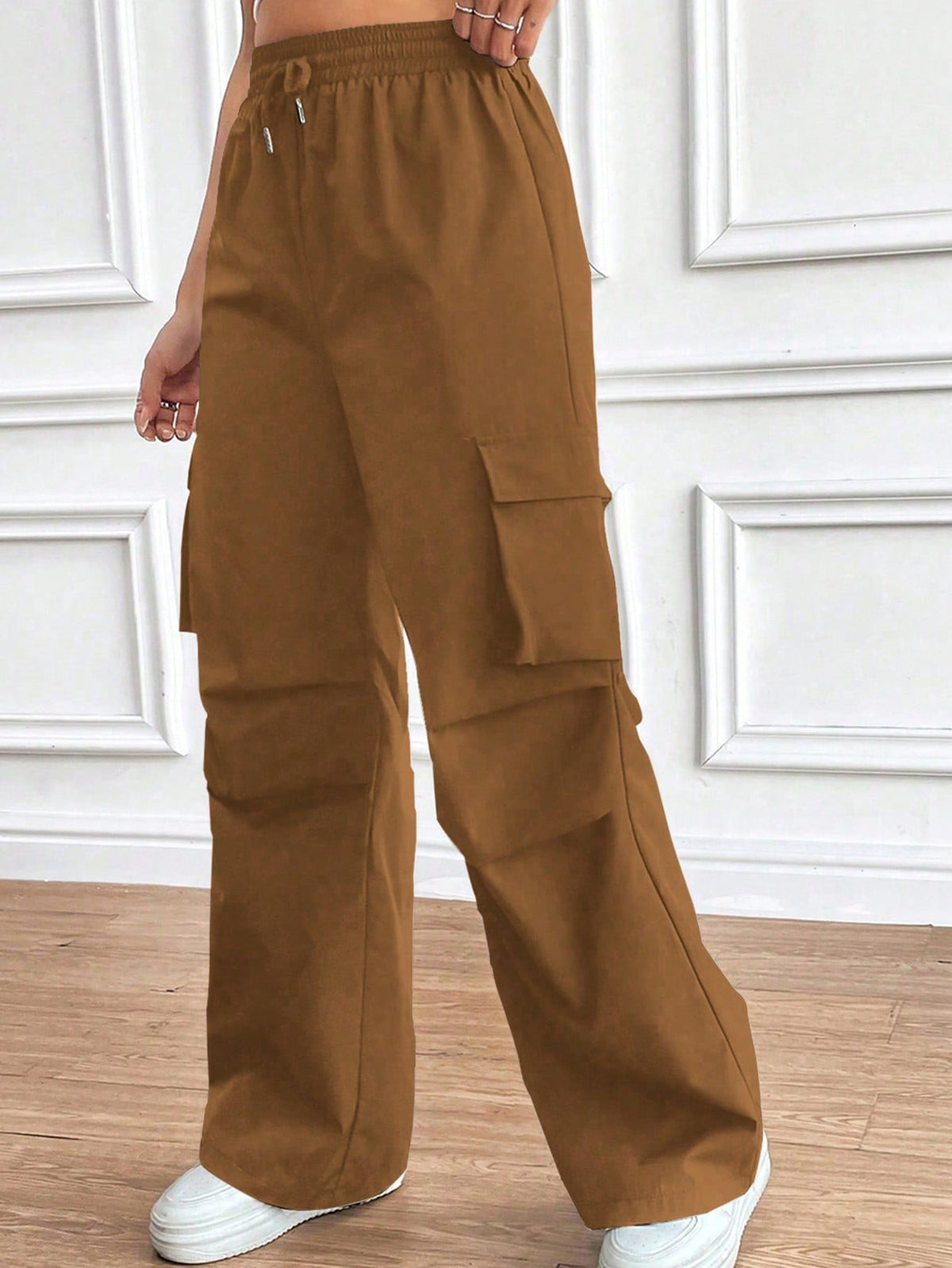 Pantalones Largos Casuales De La Cintura De Cordón De Las Mujeres Con Bolsillo De Utilidad