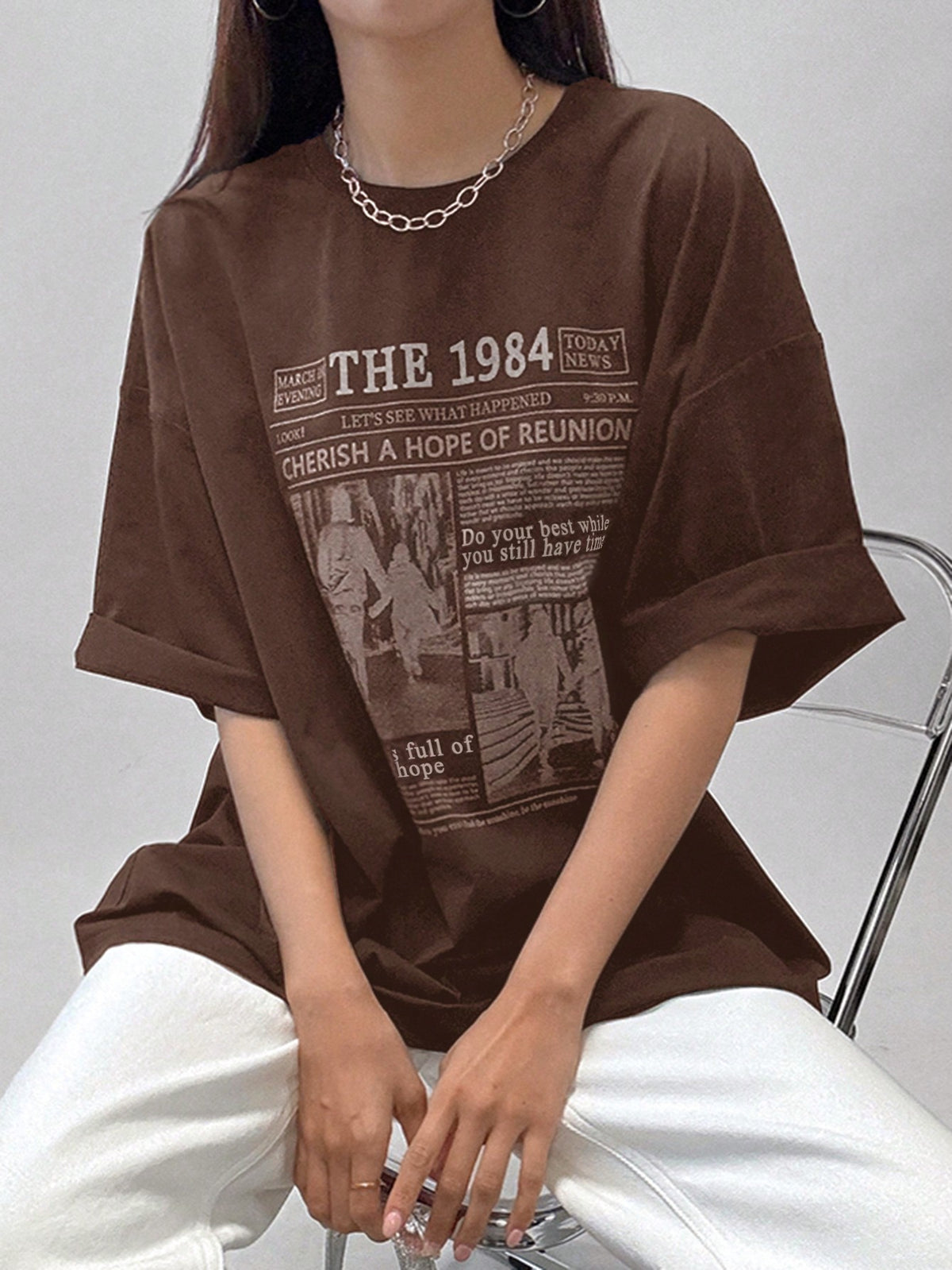 Camiseta Holgada De Hombros Caídos Con Impresión De Eslogan De Personaje
