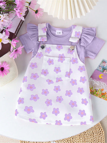 Conjunto de 2 piezas de lindo mameluco de manga corta  y falda para el verano con estampado impreso