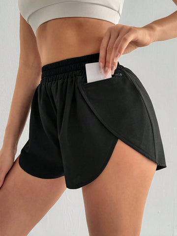 Shorts deportivos sueltos de unicolor para mujer con cintura elástica