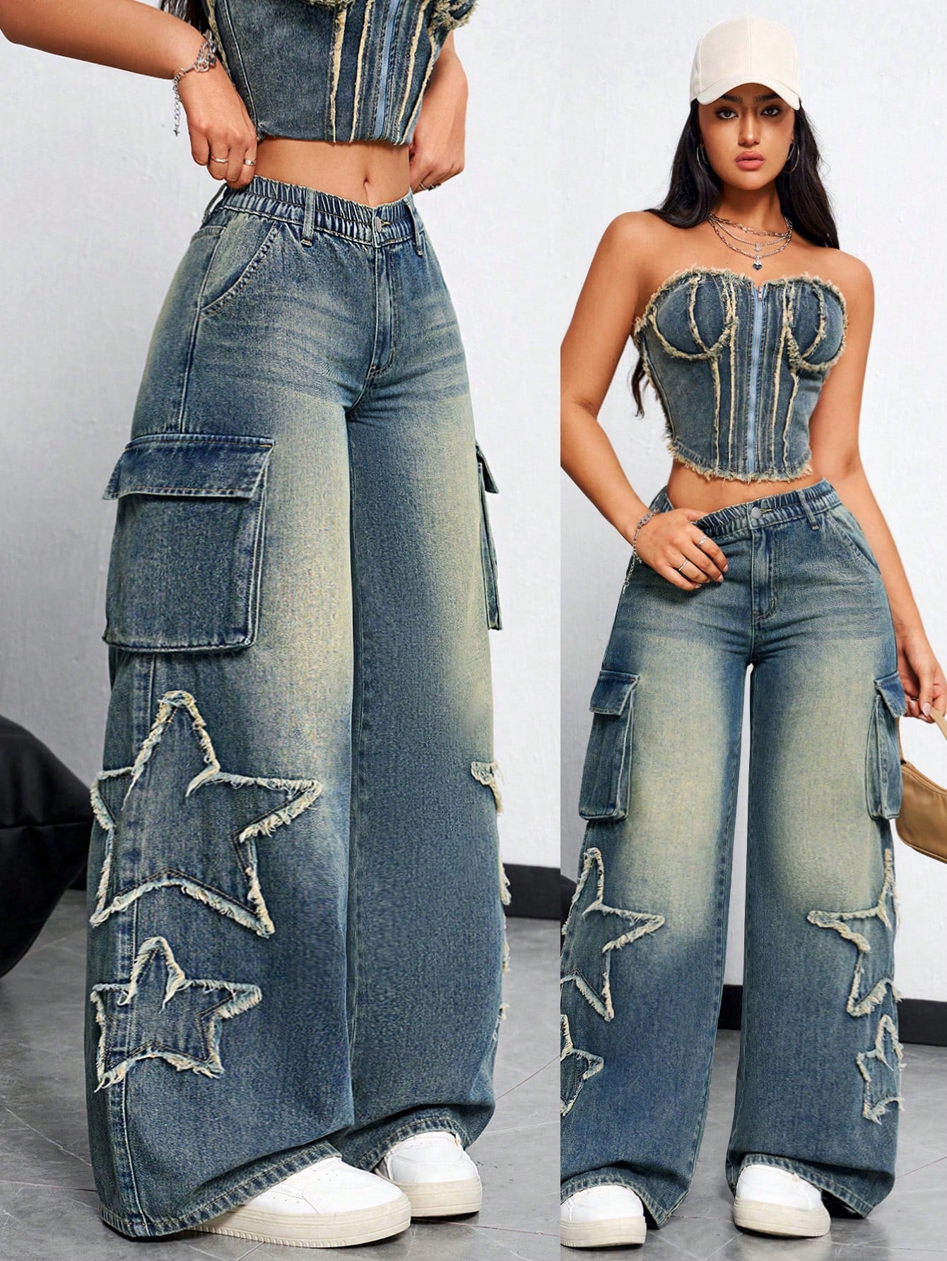 Jeans anchos casuales para mujer con bolsillos Blue 26