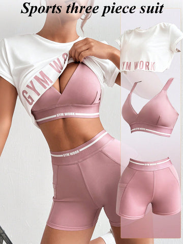 Conjunto de ropa deportiva informal con camiseta sin mangas impresa con letras y Shorts