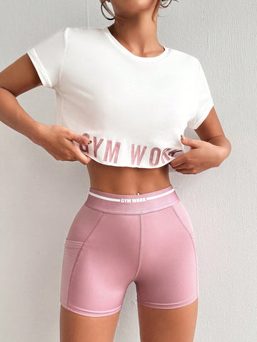 Conjunto de ropa deportiva informal con camiseta sin mangas impresa con letras y Shorts