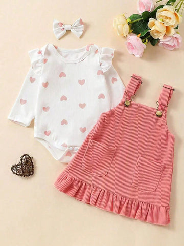 Conjunto de Mono de manga larga con lindo estampado de corazón y vestido de tirantes con dobladillo de volantes