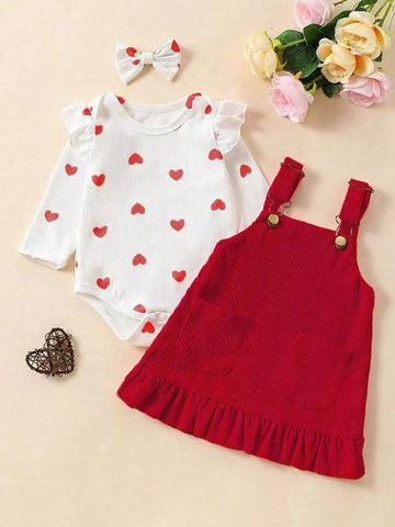 Conjunto de Mono de manga larga con lindo estampado de corazón y vestido de tirantes con dobladillo de volantes