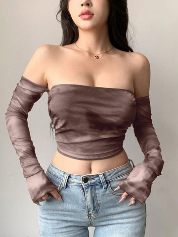 Top de mujer de manga larga, hombros descubiertos, escote en espalda, mangas abultadas y estilo tie-dye de malla transparente