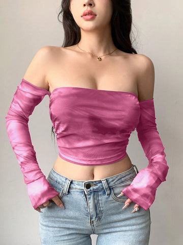 Top de mujer de manga larga, hombros descubiertos, escote en espalda, mangas abultadas y estilo tie-dye de malla transparente