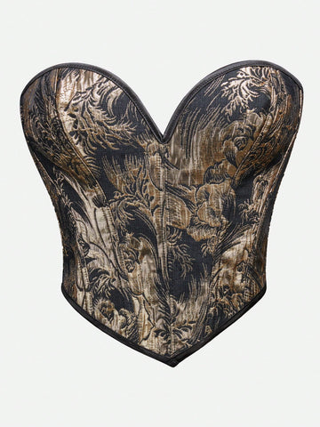 Top de Corset dorado para mujer, sin tirantes, con cordones, cuello de corazón, moldeador de Body corto y sexy