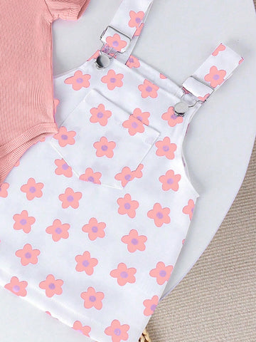 Conjunto de 2 piezas de lindo mameluco de manga corta  y falda para el verano con estampado impreso