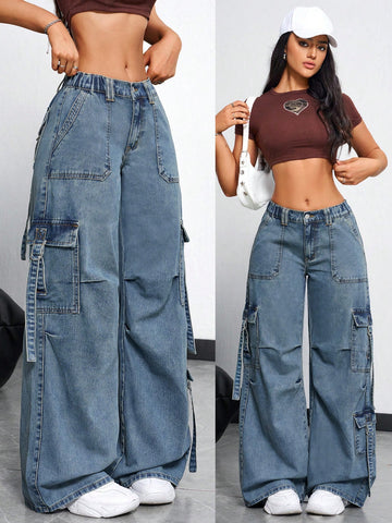Jeans sueltos y casuales con bolsillos, pliegues y diseño de pierna ancha, con botones, bolsillos y cierre, tiro bajo, pierna ancha