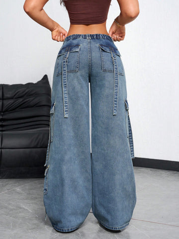 Jeans sueltos y casuales con bolsillos, pliegues y diseño de pierna ancha, con botones, bolsillos y cierre, tiro bajo, pierna ancha