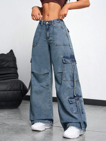 Jeans sueltos y casuales con bolsillos, pliegues y diseño de pierna ancha, con botones, bolsillos y cierre, tiro bajo, pierna ancha