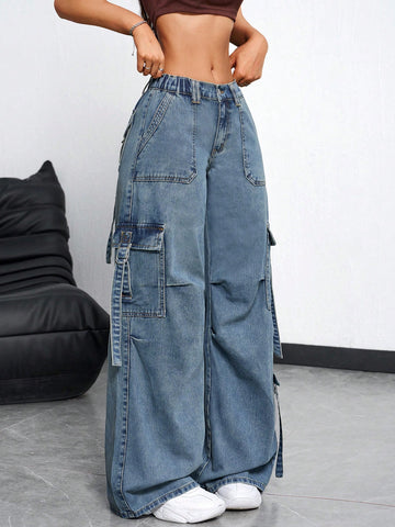 Jeans sueltos y casuales con bolsillos, pliegues y diseño de pierna ancha, con botones, bolsillos y cierre, tiro bajo, pierna ancha