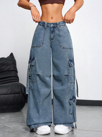Jeans sueltos y casuales con bolsillos, pliegues y diseño de pierna ancha, con botones, bolsillos y cierre, tiro bajo, pierna ancha