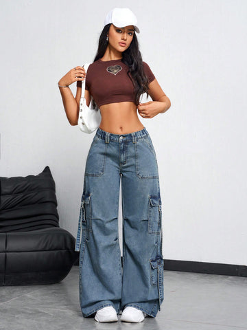Jeans sueltos y casuales con bolsillos, pliegues y diseño de pierna ancha, con botones, bolsillos y cierre, tiro bajo, pierna ancha