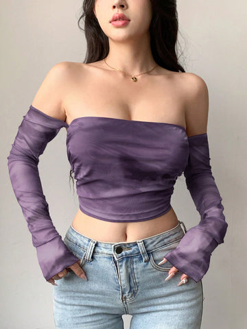 Top de mujer de manga larga, hombros descubiertos, escote en espalda, mangas abultadas y estilo tie-dye de malla transparente