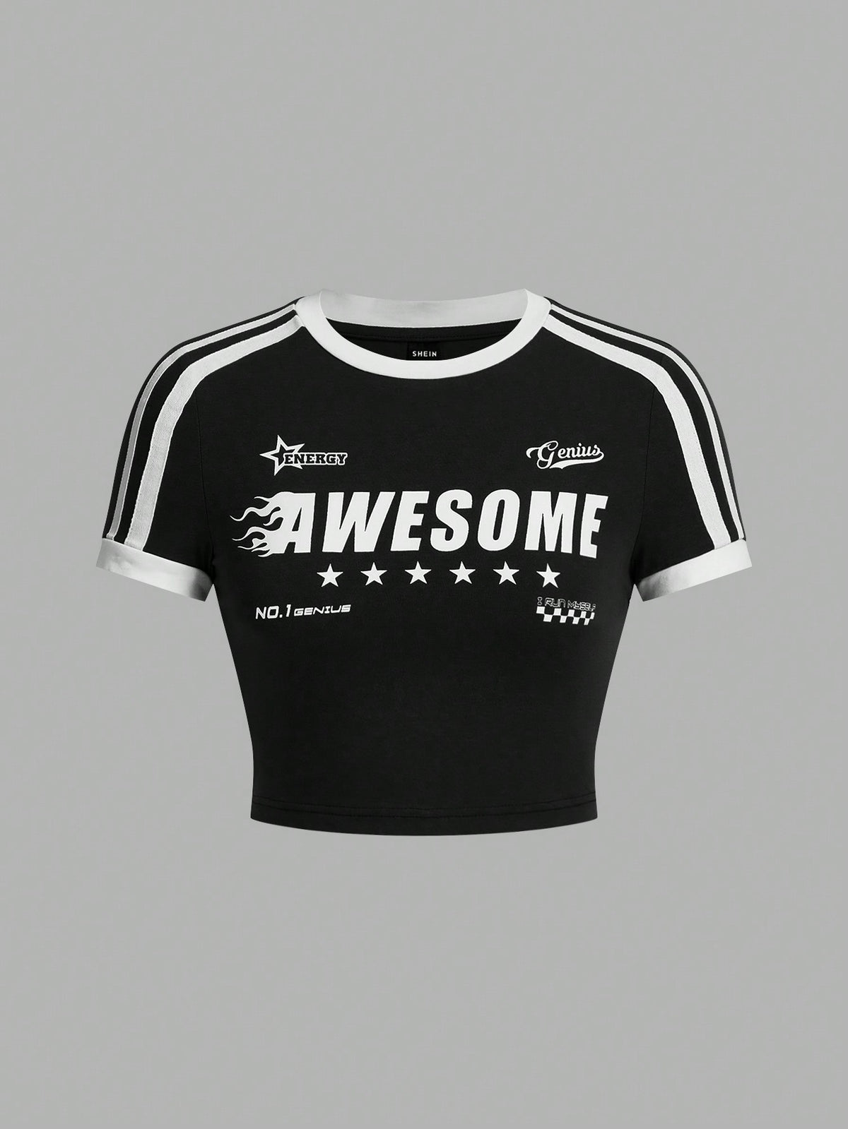 Camiseta de manga corta casual con cuello redondo y letra impresa y estrella de cinco puntas