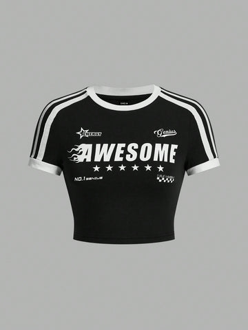 Camiseta de manga corta casual con cuello redondo y letra impresa y estrella de cinco puntas