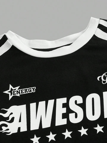 Camiseta de manga corta casual con cuello redondo y letra impresa y estrella de cinco puntas