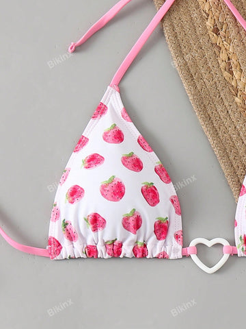 Conjunto de bikini con taza triangular, abrigo de cuello de halter y lazada, estampado de fresa