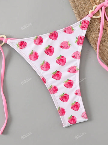 Conjunto de bikini con taza triangular, abrigo de cuello de halter y lazada, estampado de fresa