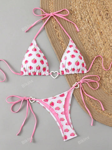 Conjunto de bikini con taza triangular, abrigo de cuello de halter y lazada, estampado de fresa