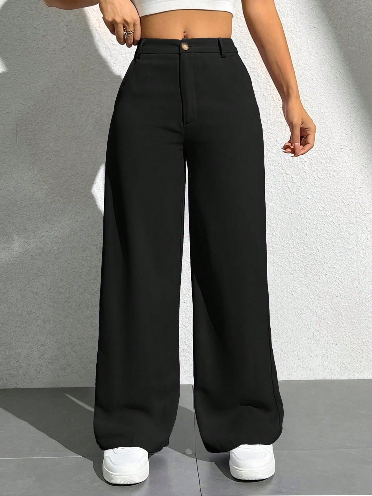 Pantalones anchos de pierna ancha con bolsillos lisos y casuales