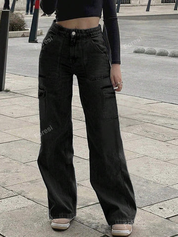 Jeans de trabajo, estilo casual americano, con botón casual, bolsillo y cremallera, de pierna recta natural y sueltos