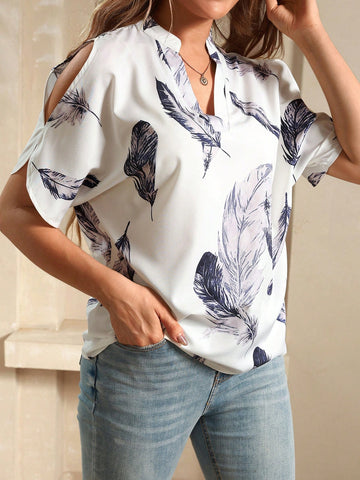 Blusa Sólida Con Hombro Al Aire Y Manga Partida, Camisa Blanca