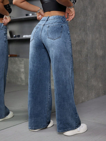 Jeans casuales de tiro bajo y pierna ancha con bolsillos en forma de V