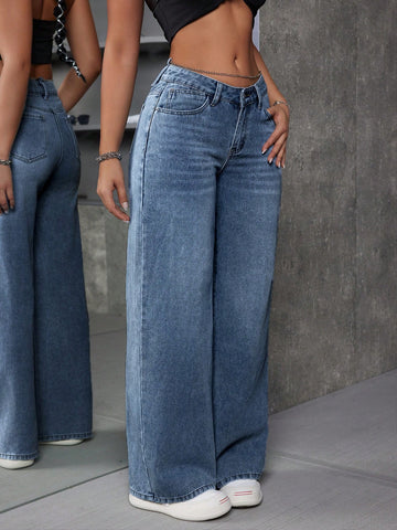 Jeans casuales de tiro bajo y pierna ancha con bolsillos en forma de V