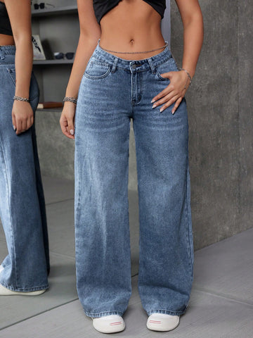 Jeans casuales de tiro bajo y pierna ancha con bolsillos en forma de V