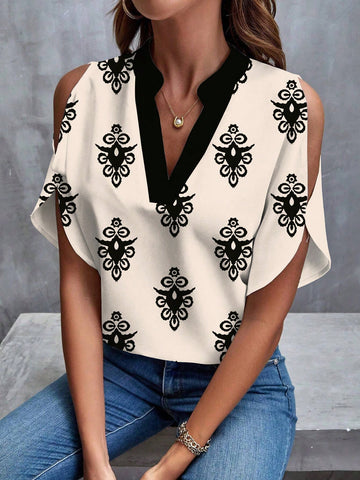 Blusa Sólida Con Hombro Al Aire Y Manga Partida, Camisa Blanca